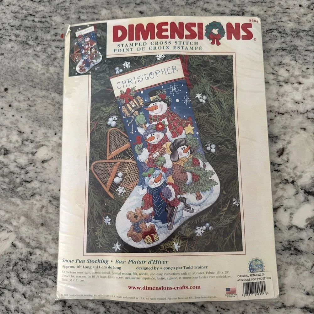 Dimensions Stamped Cross Stitch 16 in. Snowman Snow Fun Stocking Kit 8684